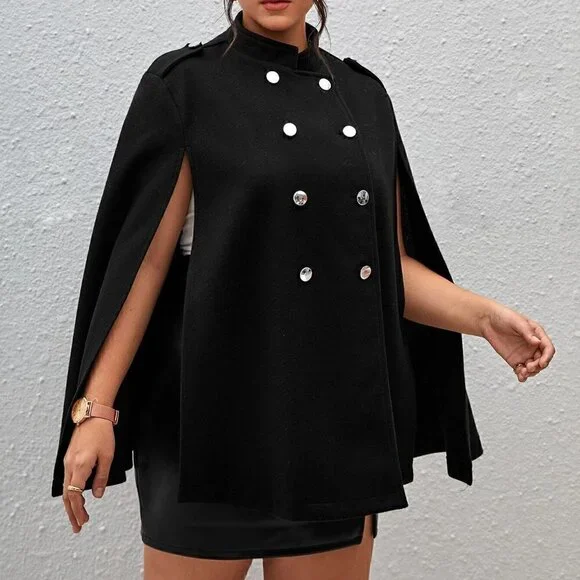 Black Boho Womens Plus Double Breasted Cloak Sleeve Overcoat - Picture 4 of 5